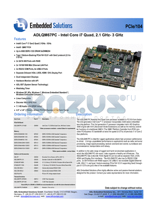 ADLQM67PC-2715QE datasheet - Intel Core i7 Quad, 2.1 GHz- 3 GHz