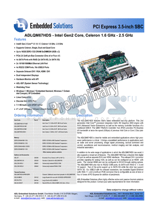 ADLQM67HDS-2710QE datasheet - Intel Gen2 Core, Celeron 1.6 GHz - 2.5 GHz