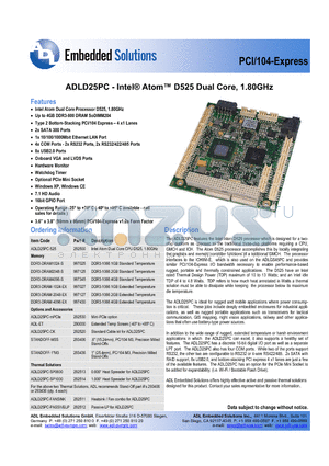 ADLD25PC-525 datasheet - Intel Atom D525 Dual Core, 1.80GHz