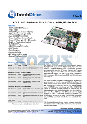 ADLS15HD-11N datasheet - Intel Atom Z5xx 1.1GHz - 1.6GHz, US15W SCH