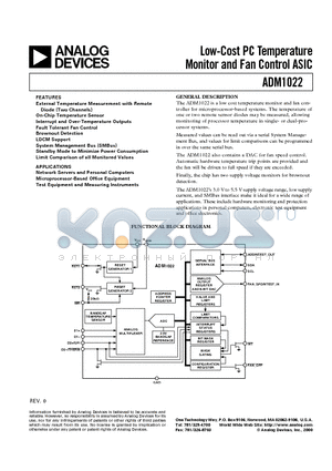 ADM1022 datasheet - Low-Cost PC Temperature Monitor and Fan Control ASIC