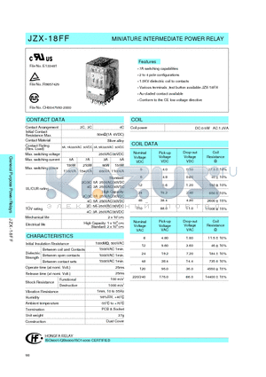 JZX-18FF datasheet - MINIATURE INTERMEDIATE POWER RELAY