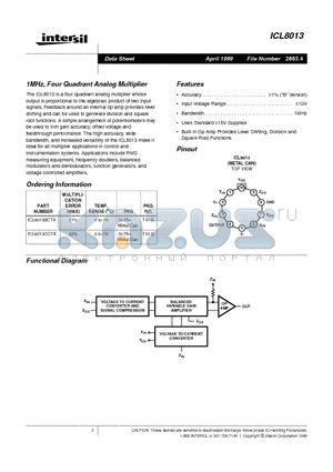 ICL8013BCTX datasheet - 1MHz, Four Quadrant Analog Multiplier