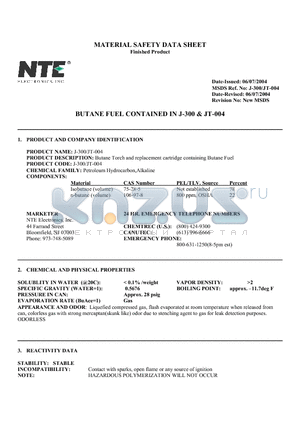 J-300 datasheet - BUTANE FUEL CONTAINED IN J-300 & JT-004