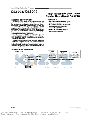 ICL8021MJA datasheet - High Reliability Low Power Bipolar Operational Amplifier