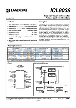 ICL8038BCJD datasheet - Precision Waveform Generator/ Voltage Controlled Oscillator