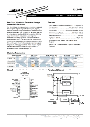 ICL8038BCJD datasheet - Precision Waveform Generator/Voltage Controlled Oscillator