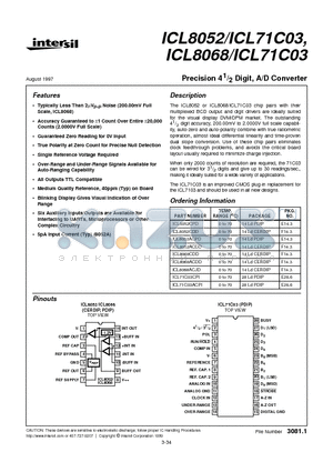 ICL8052 datasheet - Precision 4 1/2 Digit, A/D Converter