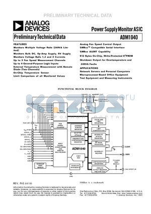 ADM1040 datasheet - Power Supply Monitor ASIC