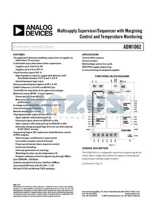 ADM1062ACP datasheet - Multisupply Supervisor/Sequencer with Margining Control and Temperature Monitoring