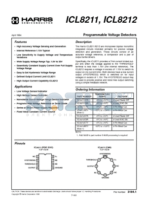 ICL8211CPA datasheet - Programmable Voltage Detectors