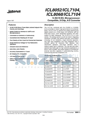 ICL8052ACPD datasheet - 14-Bit/16-Bit, Microprocessor- Compatible, 2-Chip, A/D Converter