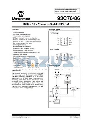 93C76-I/SN datasheet - 8K/16K 5.0V Microwire Serial EEPROM