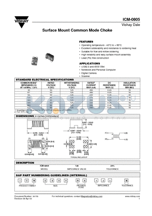 ICM-0805 datasheet - Surface Mount Common Mode Choke