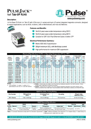 J1012F01C datasheet - PULSEJACKTM 1x1 Tab-UP RJ45