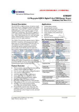 ICM320TNADA datasheet - 3.2 Megapixel QXGA Digital Color CMOS Image Sensor