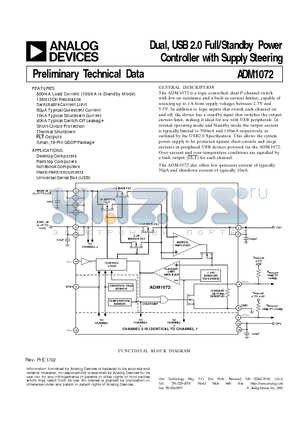 ADM1072ARQ datasheet - Dual, USB 2.0 Full/Standby Power Controller with Supply Steering