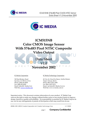 ICM515NB datasheet - Color CMOS Image Sensor With 574x483 Pixel NTSC Composite Video Output