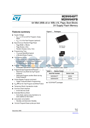 M29W640FT datasheet - 64 Mbit (8Mb x8 or 4Mb x16, Page, Boot Block) 3V Supply Flash Memory