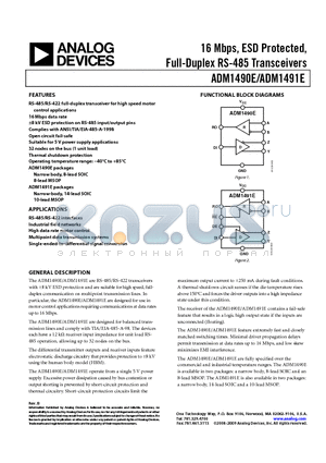 ADM1491EBRZ-REEL7 datasheet - 16 Mbps, ESD Protected, Full-Duplex RS-485 Transceivers