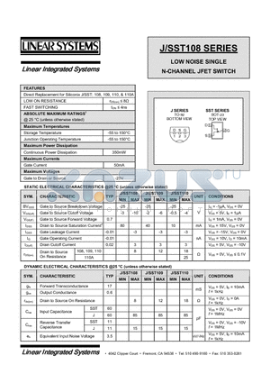 J108 datasheet - LOW NOISE SINGLE N-CHANNEL JFET SWITCH