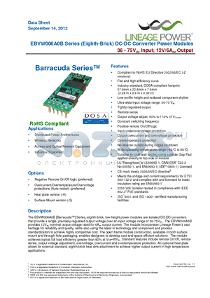 EBVW006A0B41Z datasheet - 36 - 75Vdc Input; 12V/6AdcOutput