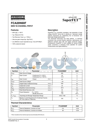 FCA20N60F datasheet - 600V N-CHANNEL FRFET