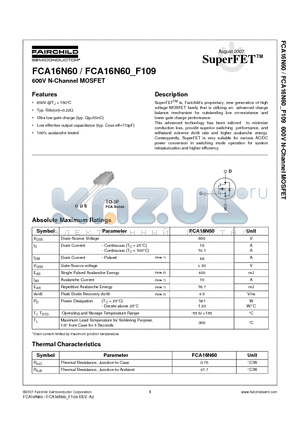 FCA16N60_F109 datasheet - 600V N-Channel MOSFET