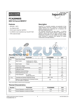 FCA20N60S datasheet - 600V N-Channel MOSFET
