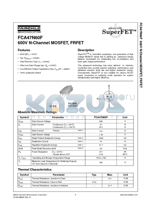 FCA47N60F datasheet - 600V N-Channel MOSFET, FRFET