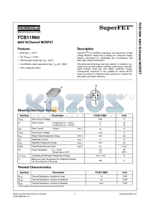 FCB11N60 datasheet - 600V N-Channel MOSFET