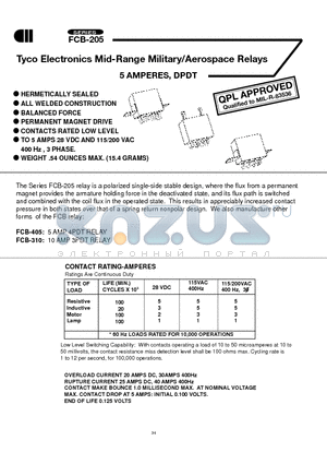 FCB-205 datasheet - Tyco Electronics Mid-Range Military/Aerospace Relays 5 AMPERES, DPDT