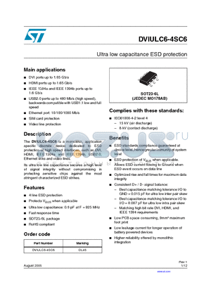 DVIULC6-4SC6 datasheet - Ultra low capacitance ESD protection