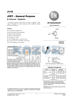 J110RLRAG datasheet - JFET − General Purpose N−Channel − Depletion