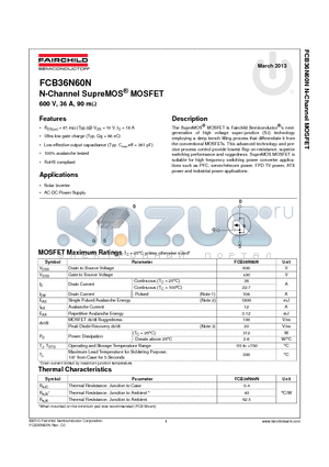 FCB36N60N datasheet - N-Channel SupreMOS^ MOSFET 600 V, 36 A, 90 mY