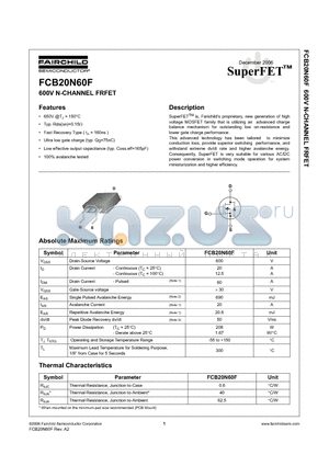 FCB20N60F datasheet - 600V N-CHANNEL FRFET