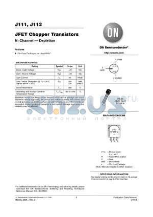 J111 datasheet - JFET Chopper Transistors N−Channel - Depletion