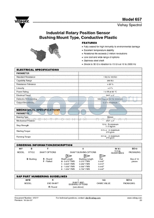 657BF050KBO10 datasheet - Industrial Rotary Position Sensor Bushing Mount Type, Conductive Plastic