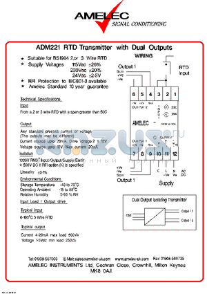 ADM221 datasheet - RTD TRANSMITTER WITH DUAL OUTPUTS