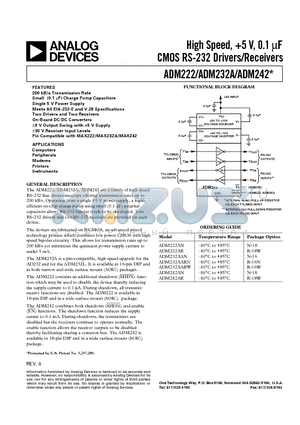 ADM222 datasheet - High Speed, 5 V, 0.1 uF CMOS RS-232 Drivers/Receivers