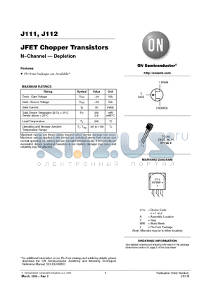 J111RLRPG datasheet - JFET Chopper Transistors N−Channel - Depletion