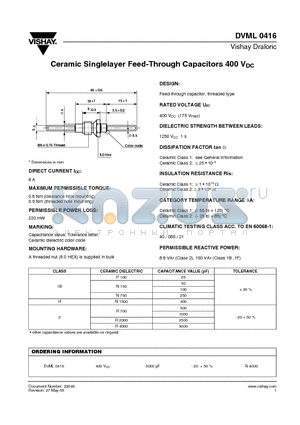 DVML0416 datasheet - Ceramic Singlelayer Feed-Through Capacitors 400 VDC