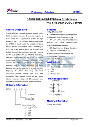 LP3203-33J5F datasheet - 1.5MHZ,600mA,High Efficiency Synchronous PWM Step-Down DC/DC Convert