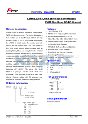 LP3203-AJ5F datasheet - 1.5MHZ,600mA,High Efficiency Synchronous PWM Step-Down DC/DC Convert