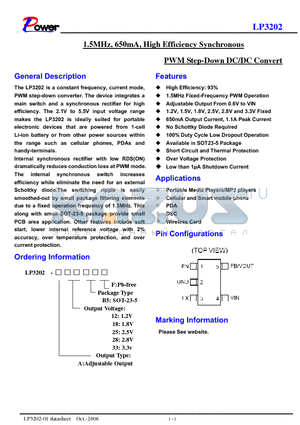 LP3202-A33B5F datasheet - 1.5MHz, 650mA, High Efficiency Synchronous PWM Step-Down DC/DC Convert