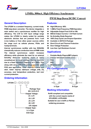 LP3204B-15B5 datasheet - 1.5MHz, 800mA, High Efficiency Synchronous PWM Step-Down DC/DC Convert