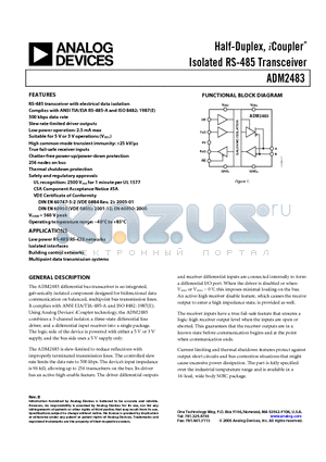 ADM2483BRWZ datasheet - Half-Duplex, iCoupler^ Isolated RS-485 Transceiver