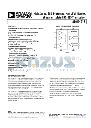 ADM2491E datasheet - High Speed, ESD-Protected, Half-/Full-Duplex, iCoupler Isolated RS-485 Transceiver