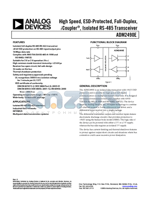 ADM2490EBRWZ datasheet - High Speed, ESD-Protected, Full-Duplex, iCoupler, Isolated RS-485 Transceiver