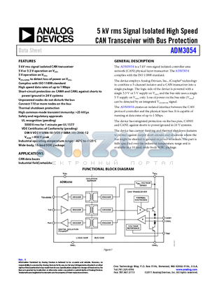 ADM3054 datasheet - 5 kV rms Signal Isolated High Speed CAN Transceiver with Bus Protection
